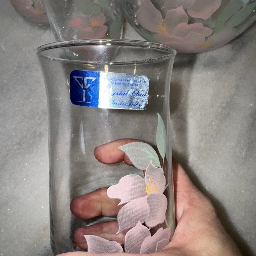 PASABAHCE TURKISH Glass Ice Lip Pitcher and 6 Glasses Pink FlowerMotif GW999 New